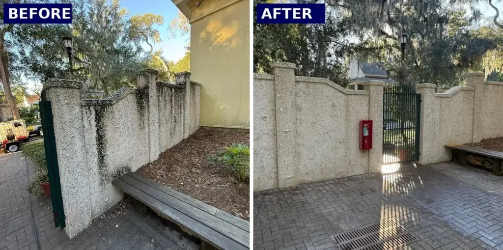 Before and after commercial courtyard pressure washing in Beaufort, SC