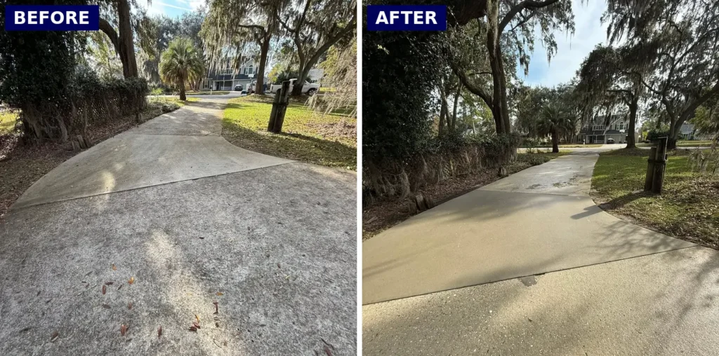 Before and after concrete driveway pressure washing in Beaufort, SC