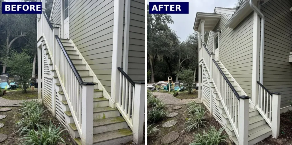 Before and after washing exterior stairs and siding in Beaufort, SC