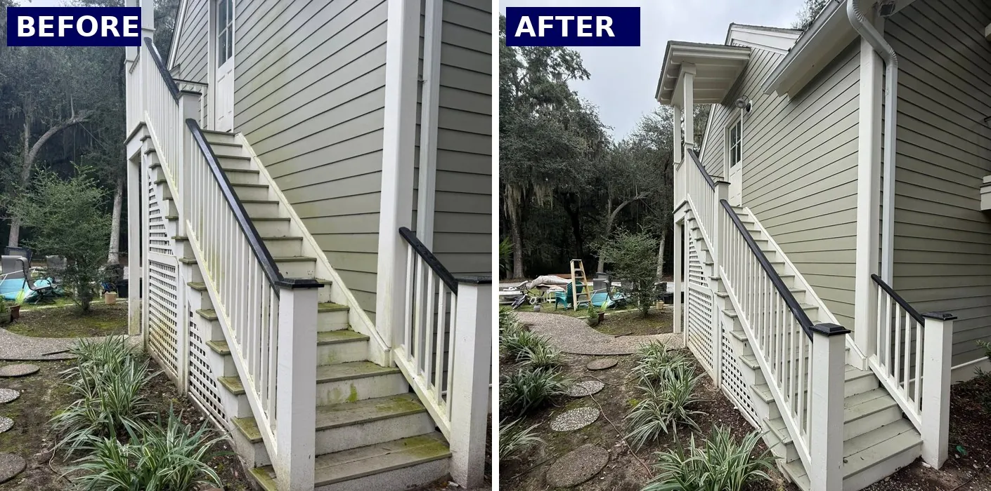 Before and after washing exterior stairs and siding