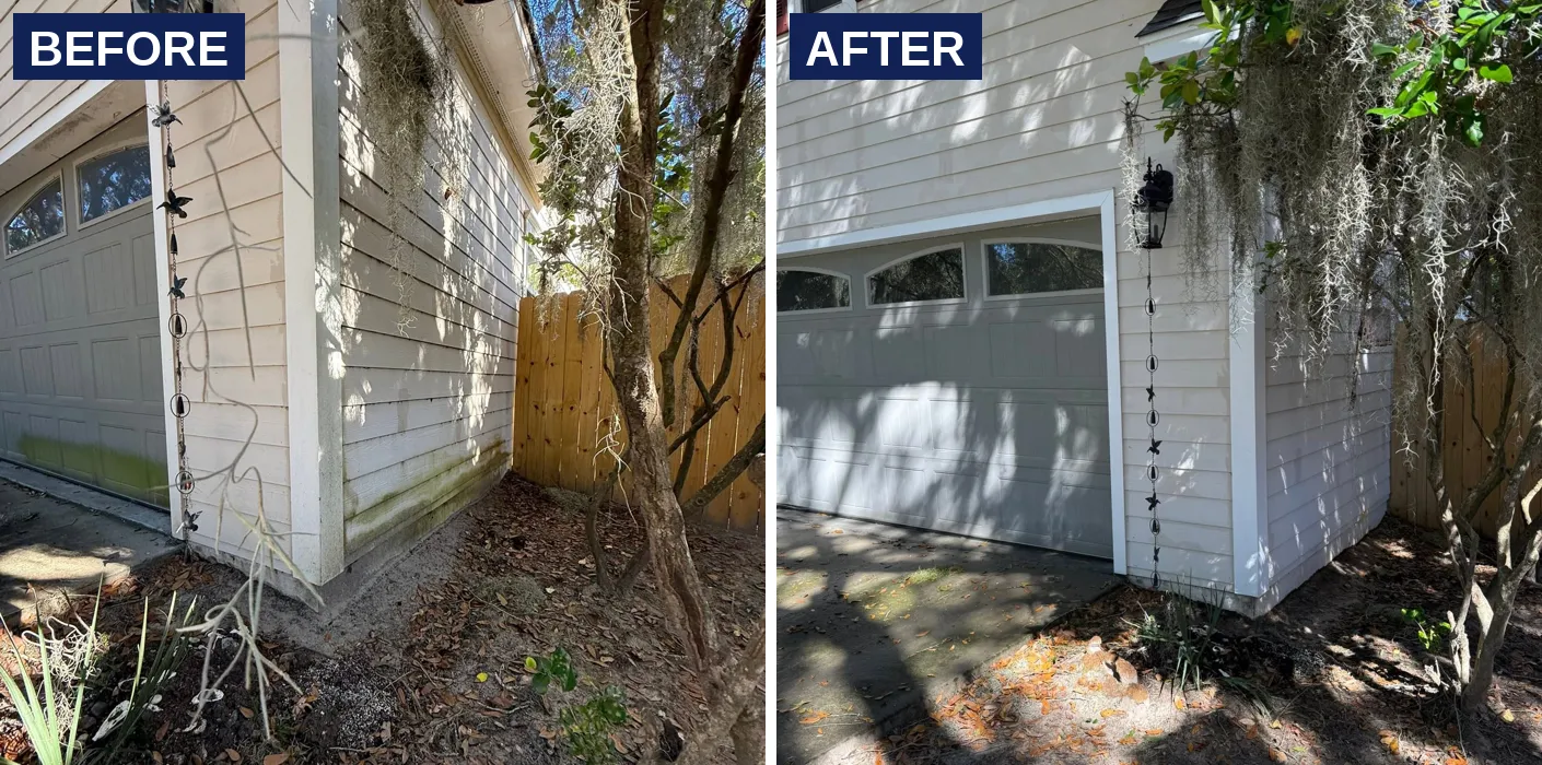 Before and after house washing mildew off siding beside a garage in the Lowcountry