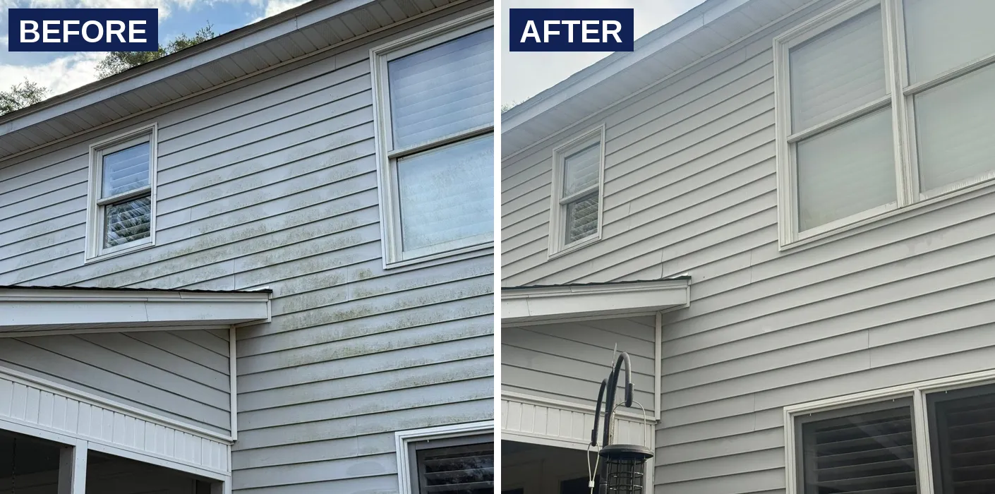 Before and after house washing of gray vinyl siding in the Lowcountry