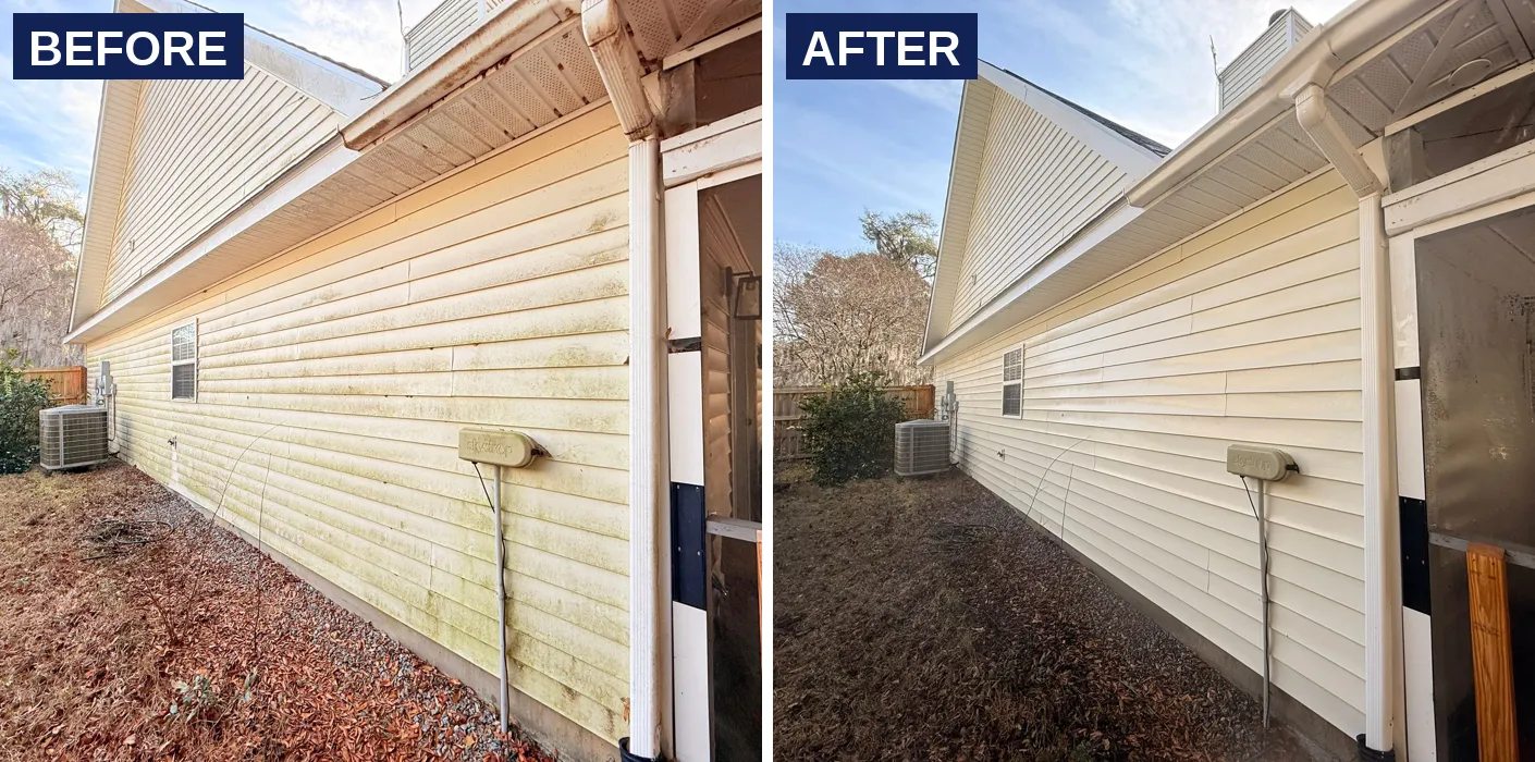Before and after soft washing mildew off house siding in the Lowcountry