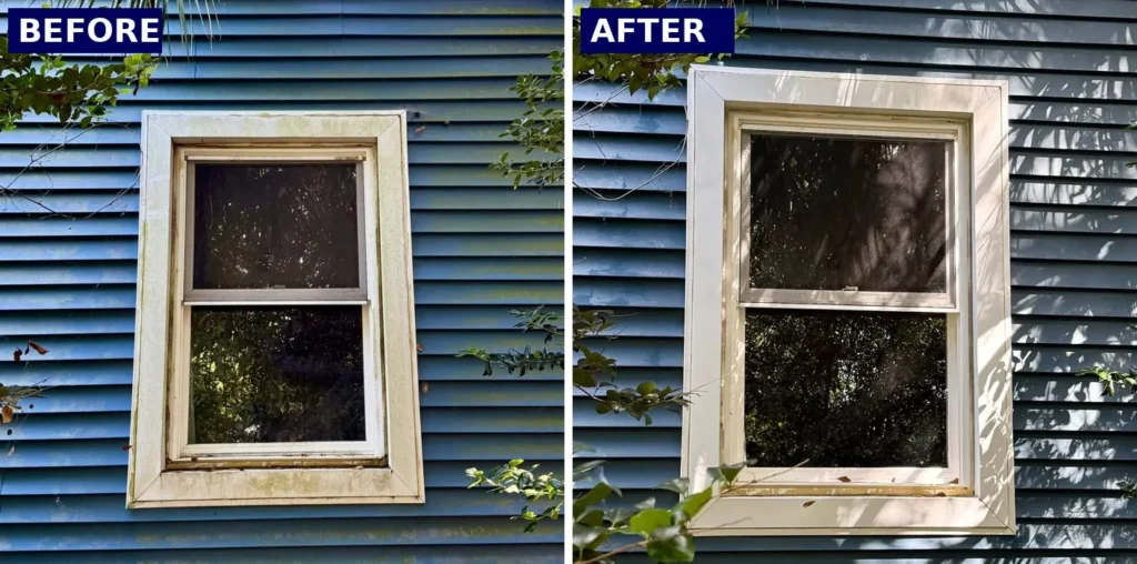 Before and after house washing of a window and siding in Beaufort, SC