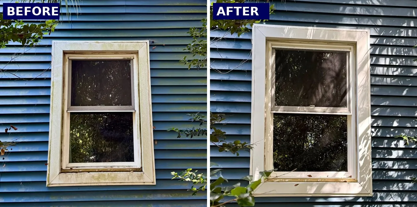 Before and after house washing of a window and siding