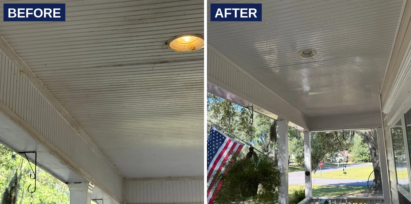 Before and after washing a porch ceiling in the Lowcountry
