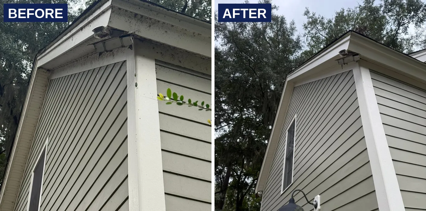 Before and after soft washing a siding gable in the Lowcountry