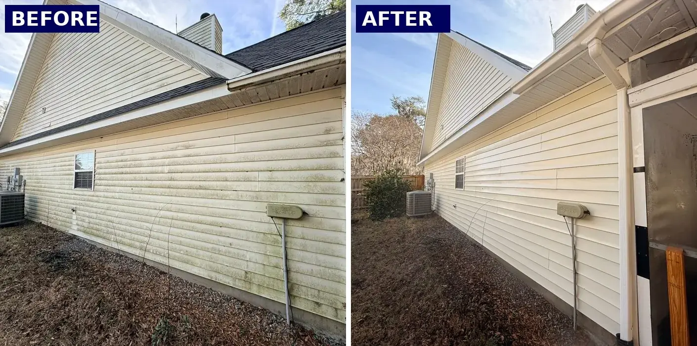 Before and after soft washing green algae off vinyl siding